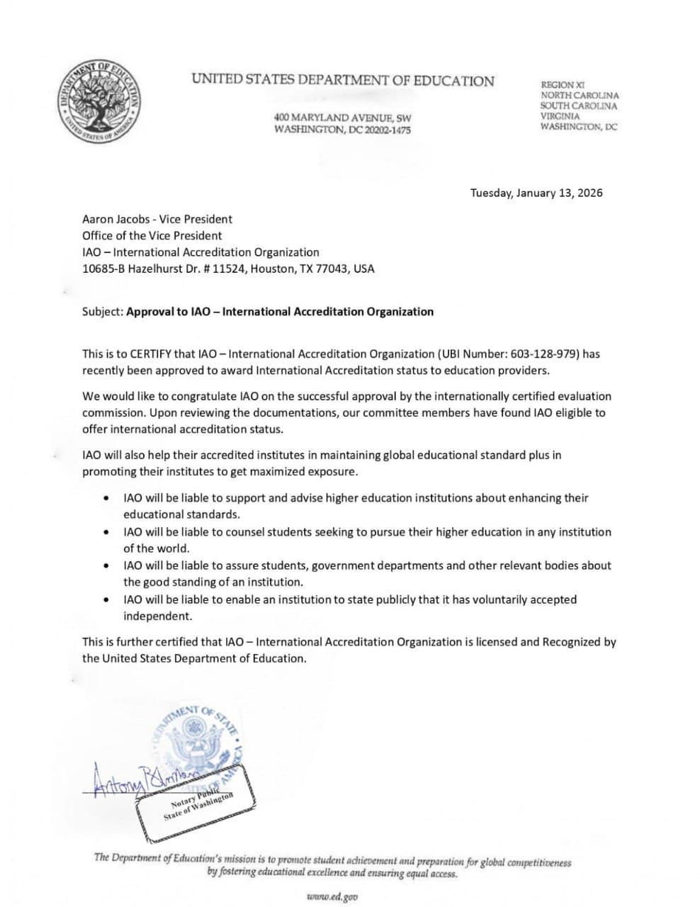 US Department of Education Approval Letter